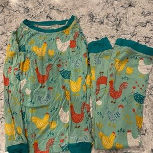 Two Piece Little Sleepies Teal and Red Chicken Print Kids Pajamas 5/6